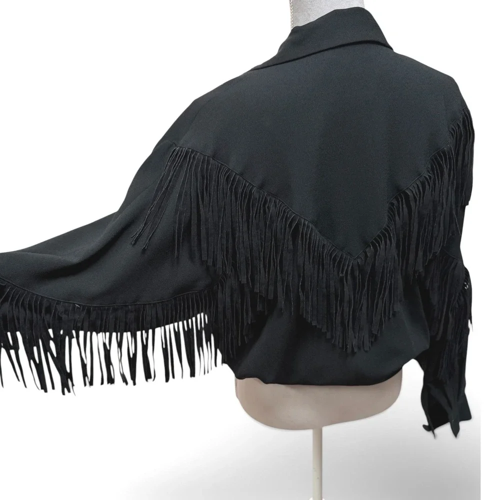 CAROLE‎ LITTLE Fringe Western Jacket Womens 6 Black Beaded Vintage Southwestern